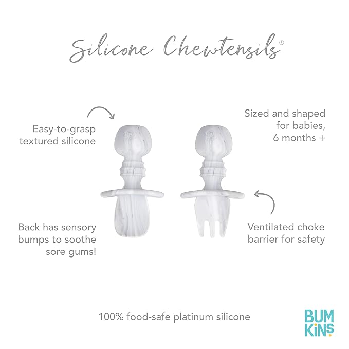 Bumkins Baby Utensils Set, Chewtensils Silicone Spoons for Dipping, Self-Feeding, Baby Led Weaning, Trainer Learning, First Stage Eating, Soft Practice Fork and Spoon, Babies 6 Months, Marble