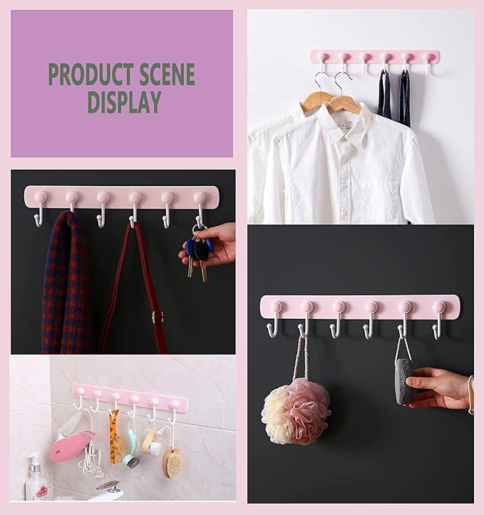 Coat Rack Wall Mount for Kids Room, 6 Rotating Adhesive Wall Hooks for Hanging Clothes Cooking Tools Towels in Kitchen,Bathroom,Office, Pink Decorative Hangers for Girls Bedroom (Pink 1 Pack)