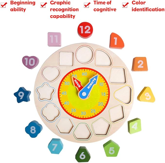 Skrtuan Wooden Shape Color Sorting Clock- Teaching Time Number Blocks Clock Shape Sorting Puzzle Montessori Early Learning Educational Toy Gift for 1 2 3 Year Old Toddler Baby Kids