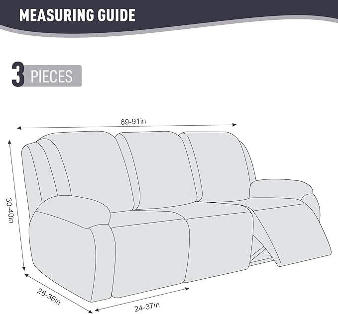 KinCam Recliner Covers, Stretch Reclining Chair Covers, Recliner Sofa Slipcovers Stripe Jacquard Recliner Couch Covers Furniture Protector Covers for Pet Kid (3 Seater, Dark Gray)