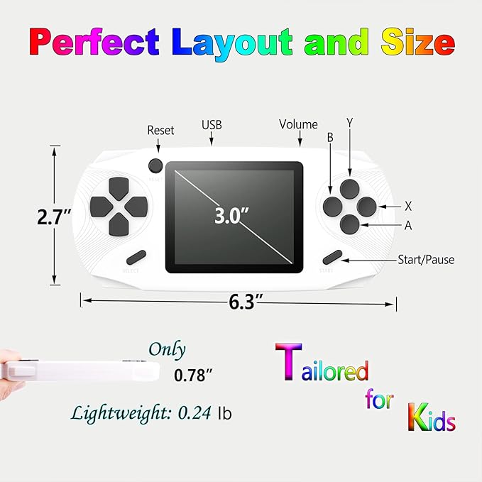 16 Bit Handheld Games for Kids Adults 3.0'' Large Screen Preloaded 100 HD Classic Retro Video Games USB Rechargeable Seniors Electronic Game Player Birthday Xmas Present (White)