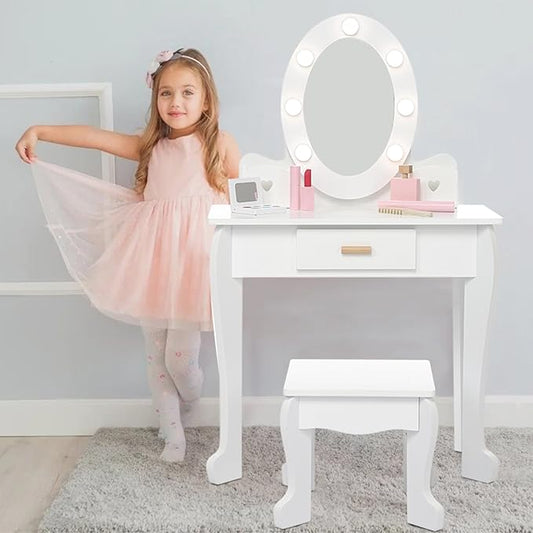 Kids' Vanity Set with Mirror and Light, Makeup Table and Stool for Girls, Vanity Table and Chair Set with Wood Makeup Playset for 4-9 Girls, White （Batteries Not Included）