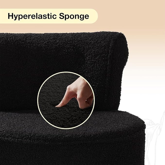 Sherpa Vanity Chair with Back Small Makeup Chair with Wood Legs Teddy Vanity Stool Tufted Accent Chairs with Low Back Makeup Chair for Vanity for Women Girl and Kids (Black)