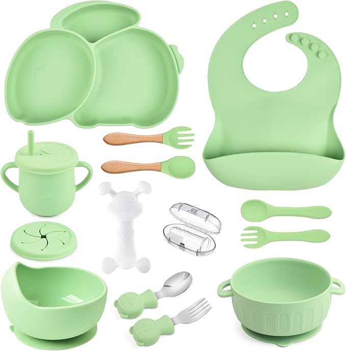 Silicone Baby Feeding Set 15 Pcs，Baby Spoons Suction Bowl Divided Plate Bib Cup Finger Brush Teething Teether，Baby Led Weaning Supplies,Baby & Toddler Silicone Plates and Bowls Dining Set（green）