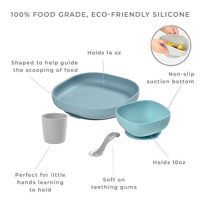 BEABA Silicone 4 Piece Baby Feeding Set, Suction Plates for Baby, Includes Plate, Bowl, Cup, 2nd Stage Silicone Spoon, High Grade Food Safe Silicone, Rain