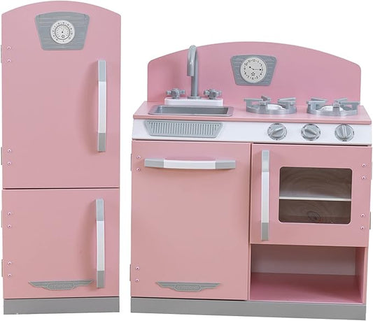 KidKraft Retro Wooden Play Kitchen and Refrigerator 2-Piece Set with Faucet, Sink, Burners and Working Knobs, Pink, Gift for Ages 3+