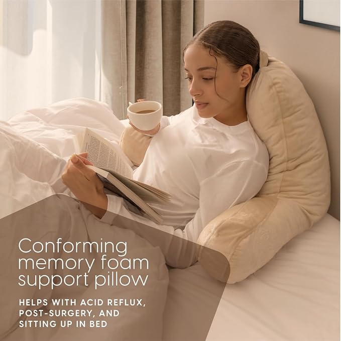 Milliard Reading Pillow with Shredded Memory Foam, Large Adult Backrest with Arms, Back Support for Sitting Up in Bed with Washable Cover (Sit up Pillow) (Cream)