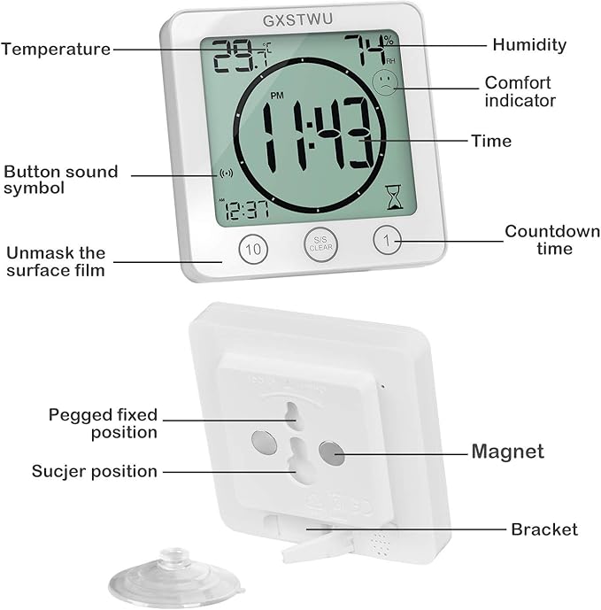 2Pcs Digital Shower Clock, Bathroom Timer Clock, Waterproof for Water Spray, Count Up Count Down Alarm, Touch Screen Timer, Temperature Humidity, Wall Clock Magnet, Suction Cup, Stand (2packs)