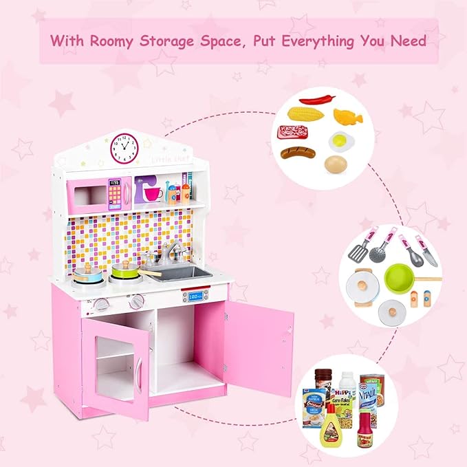 ARLIME Kids Kitchen Playset, Wooden Toy Kitchen w/ Removable Sink, Microwave, Cookware, Large Storage Cabinet, Pretend Play Kitchen for Boys Girls (Pink)