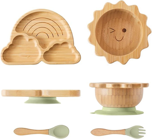 Bamboo Suction Plates Bowls Set for Baby Toddler Divided Platter Food bowl with Silicone Fork & Spoon All-Natural Baby Feeding Set for Baby-Led Weaning, Non-Slip Design