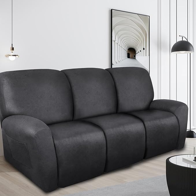 Recliner Couch Cover Leather Look Recliner Sofa Covers for 3 Cushion Reclining Sofa Slipcovers 8-Pieces Furniture Protector Spandex Fabric Washable (3 Seater, 01 Dark Gray)