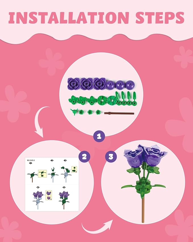 24 Pack Valentine's Flower Bouquets Building Blocks - Ideal for Kids Classroom Exchange, Party Favors, and School Gifts, includes Greeting Cards & Variety Designs for Boys and Girls