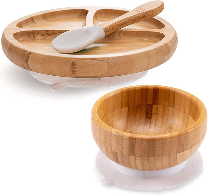 Baby Divided Bamboo Plates, Bowls with Suction and Matching Spoon Set, 3 Piece Feeding Supplies Set for Infant, Toddlers, Detachable Silicone Suction Stay Put Base for Wooden Bowl, Plate