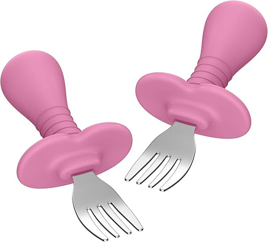 Baby Forks Toddler Forks for Self Feeding, Kids Forks with Silicone Round Handle, Stainless Steel Toddler Utensils Children Safe Silverware Set, Anti-Choke Design, BPA Free - Pink