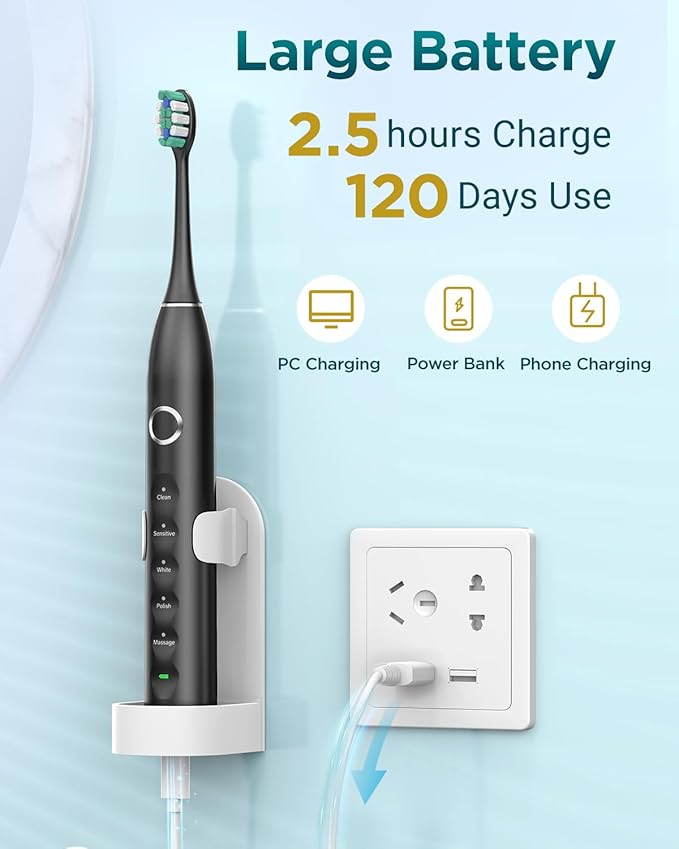 Rtauys S5 Upgraded Sonic Electric Toothbrush for Adults and Kids Ages 12+ with 8 Brush Heads, IPX7 Travel Toothbrush with Case, 2.5 Hours Charge for 120 Days, 5 Modes with Built-in Smart Timer Black