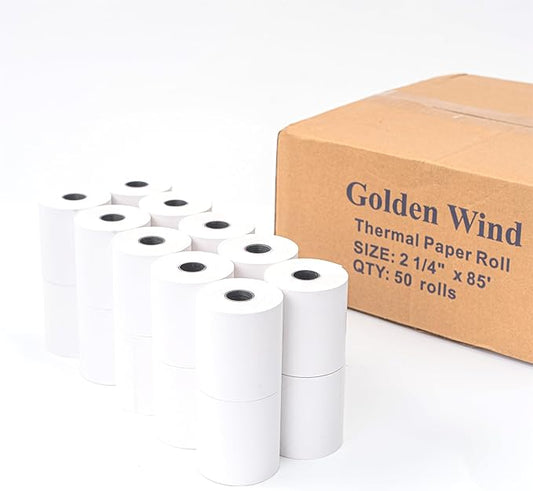 50 Rolls, GOLDEN WIND Thermal Paper Receipt Roll, 2 ¼" x 85', For Credit Card Machine Receipt Rolls, Cash register/POS receipt, 55gsm Premium Quality, White.