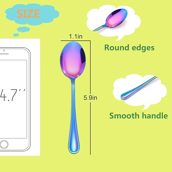 LIANYU 9-Piece Rainbow Toddler Spoons, Kids Baby Spoons Self Feeding, Stainless Steel Children Silverware Set for 2-10 Year Old, Preschooler Cutlery Flatware Set for Home School, Dishwasher Safe