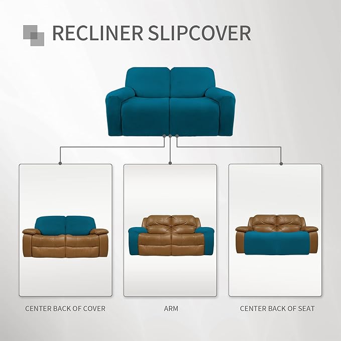 Easy-Going Oversized 6 Pieces Microfiber Stretch Sectional Recliner Loveseat Sofa Slipcover Soft Fitted Fleece 2 Seats Couch Cover Washable Furniture Protector with Elasticity for Pet Peacock Blue