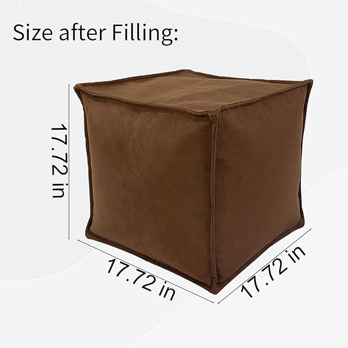 Louis Donné Unstuffed Ottoman Pouf Cover, Soft Handmade Pouf Ottoman Cover Foot Stool, 17.72" Square Small Bean Bag, Ottoman Foot Rest with Storage for Living Rooms Bedrooms, Brown (ONLY Cover)
