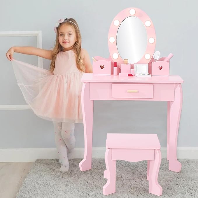 Kids' Vanity Set with Mirror and Light, Makeup Table and Stool for Girls, Vanity Table and Chair Set with Wood Makeup Playset for 4-9 Girls, Pink （Batteries Not Included）