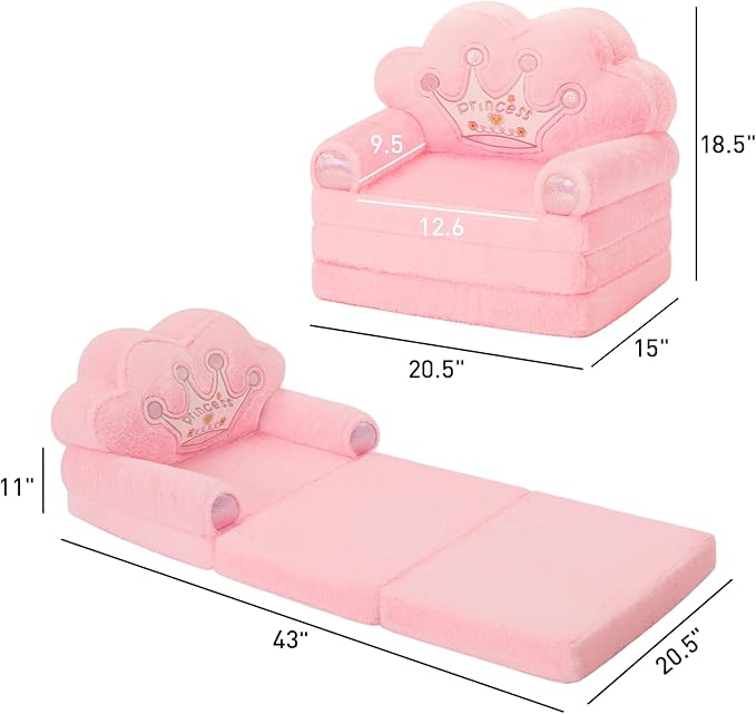 MOONBEEKI Toddler Chair Comfy，Foldable Princess Kids Couch for Girl, Toddler Recliners for Kids Over 18 Months, Kids Sofa Bed Fold Out (Pink)