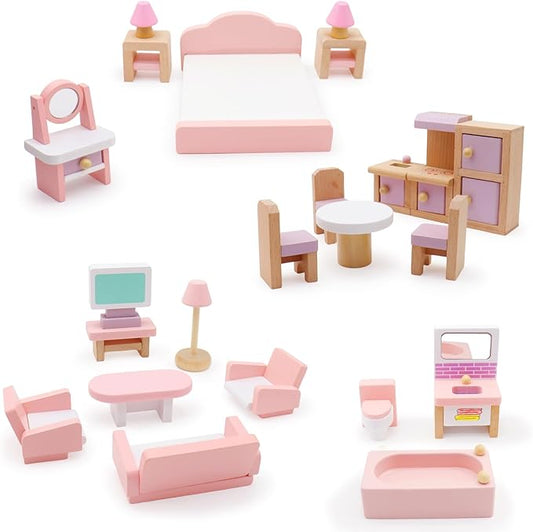 Wooden Dollhouse Furniture Set, 22 Pcs Miniature Doll House Accessories,4 Rooms Wood Pink Dollhouse Accessories Pretend Play Furniture Toys for for Kids Boys Girls Age 3