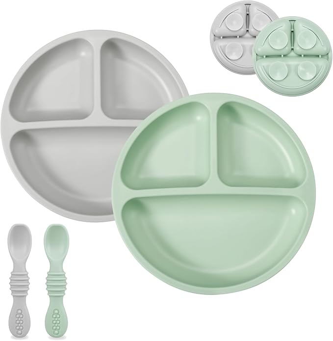 PandaEar Silicone Baby Feeding Set| 2 Pack Silicone Divided Suction Plate with 2 Pack Spoons | Baby Led Weaning Supplies Self Feeding Eating Utensils (Green/Grey)