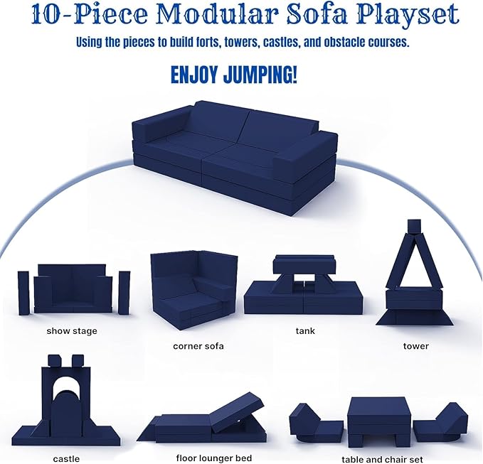 MeMoreCool Modular Kids Play Couch, 10 Piece Foam Lounge Sofa for Playroom, Large Toddler Bed and Block Couch for Boys, Navy
