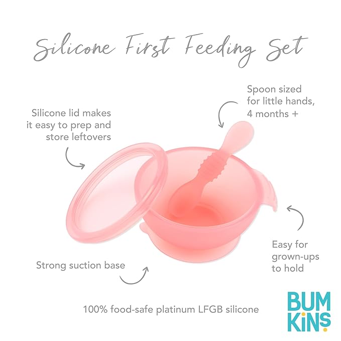 Bumkins Baby Bowl, Silicone Feeding Set with Suction for Baby and Toddler, Includes Spoon and Lid, First Feeding Set, Training Essentials for Baby Led Weaning for Babies 4 Months Up, Pink Jelly