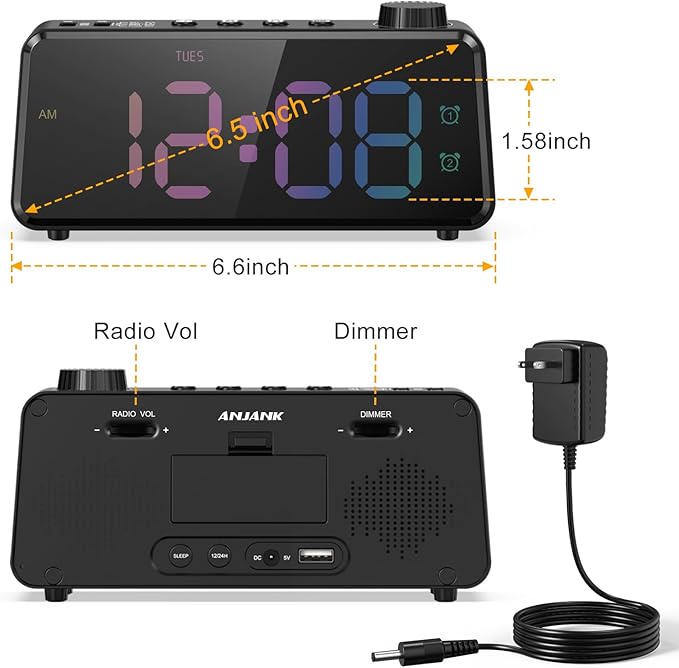 ANJANK Digital FM Radio Alarm Clock for Bedroom, 6.5'' Large Colorful Display for Kids Teens, Weekday/Weekend Dual Alarm, 0-100% Dimmable Brightness, Small Desk Clock with USB Charging Port