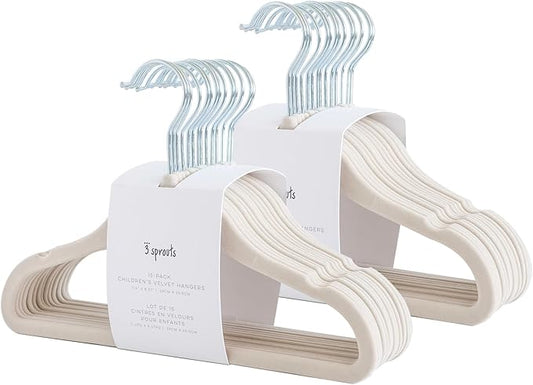 3 Sprouts Velvet Baby Hangers - Non-Slip Hanger for Infant, Toddler, Baby Clothes - Closet Kids Hangers with Slim Design, Nordic Colors, Pack of 30 - Beige