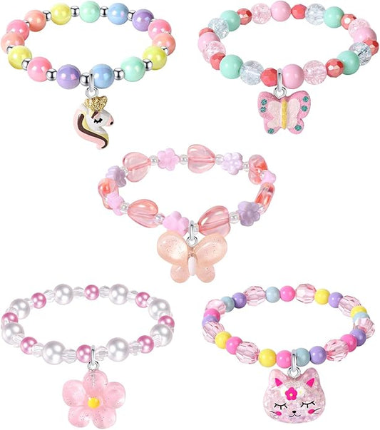 5 Pieces Colorful Girls Unicorn Bracelets Rainbow Beaded Bracelet for Birthday Party Favors Flower Friendship Bracelet Jewelry Little Girls Toddler Costume Butterfly Jewelry