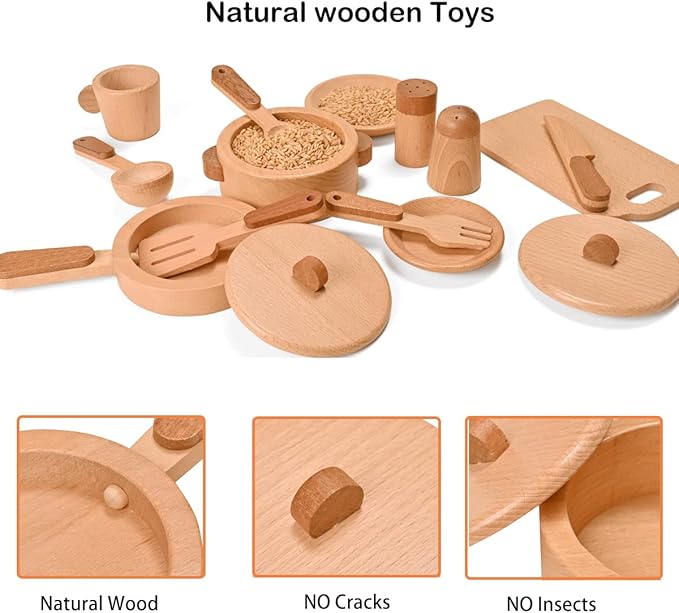 Play Kitchen Accessories Montessori Wooden Toys Kids Kitchen Toy Set Cookware Plates Dishes Pots Pans Cooking Playset 15 Pieces Sensory Toys for Toddlers Girls Boys with Storage Bag