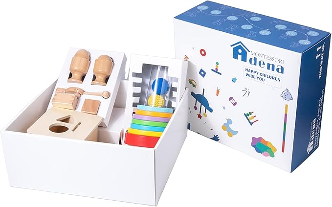 Adena Montessori Play Kit for 9-10 Months Baby,7 in 1 Learning Educational Toys for Toddler,Include Clear Tube with Stacking Rings,Coin Box,Wooden Rattle and more,Christmas Birthday Gift for Boys Girl