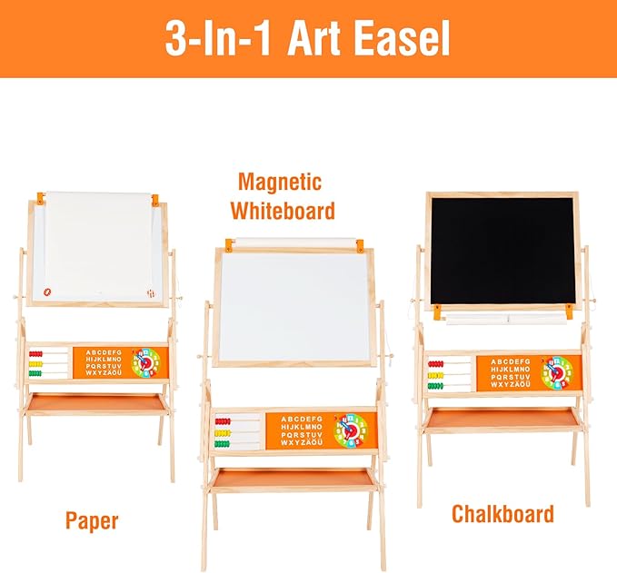 3-in-1 Wooden Easel for Kids, Toddle Double-Sided Easel with Magnetic Whiteboard and Painting Blackboard, 360° Rotatable, Paper-roll Holder, Storage Tray, and Stickers Included