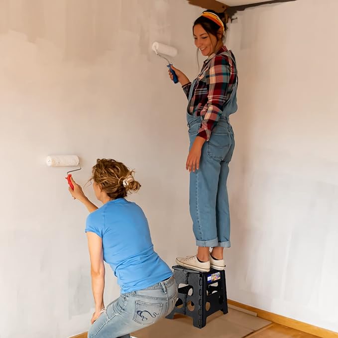 ACKO Folding Step Stool 13 inch Height Premium Heavy Duty Foldable Step Stools for Adults and Kids, Kitchen Plastic Small Collapsible Stepping Stool Hold Up to 300 LB Dot Black (1 Pack)