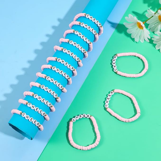 24 Pcs Cheerleader Gifts for Girls Handmade Friendship Bracelets for Teen Girls Stretch Cheer Bracelets Y2k Cheer Stuff Stackable Clay Bead Bracelets Bulk Teens Birthday Christmas Party Favors