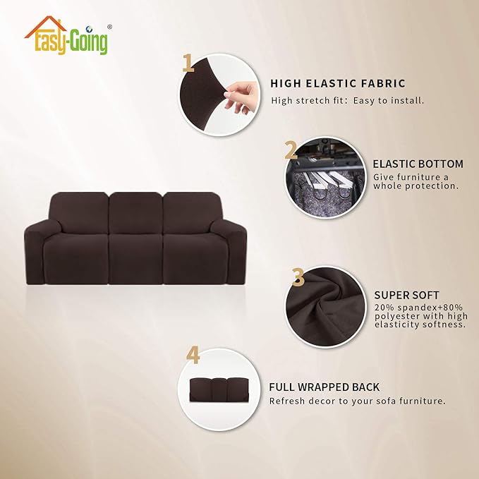 Easy-Going 8 Pieces Microfiber Stretch Sectional Recliner Sofa Slipcover Soft Fitted Fleece 3 Seats Couch Cover Washable Furniture Protector with Elasticity for Kids Pet(Recliner Sofa, Chocolate)