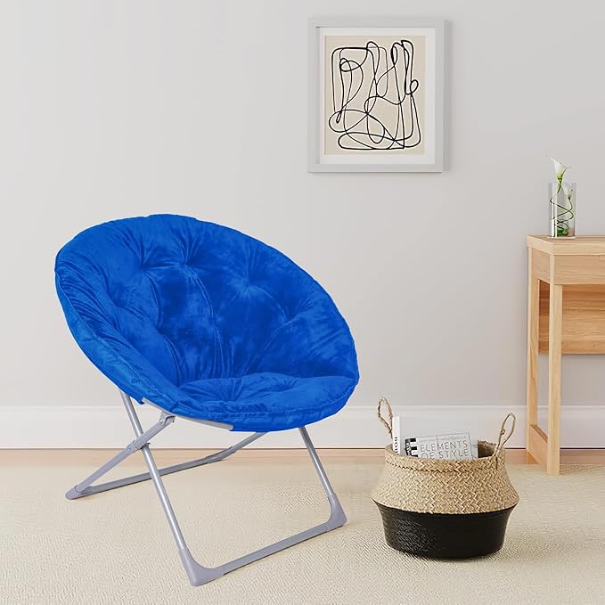 Amazon Basics Faux Fur Saucer Shaped Chair with Foldable Metal Frame, Blue, 32.3"D x 27.2"W x 32.3"H