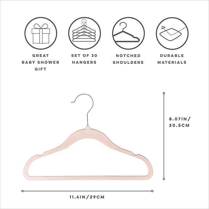 3 Sprouts Velvet Baby Hangers - Non-Slip Hanger for Infant, Toddler, Baby Clothes - Closet Kids Hangers with Slim Design, Nordic Colors, Pack of 30 - Pink
