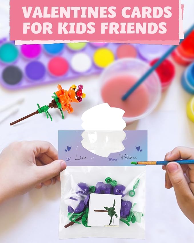 24 Pack Valentine's Flower Bouquets Building Blocks - Ideal for Kids Classroom Exchange, Party Favors, and School Gifts, includes Greeting Cards & Variety Designs for Boys and Girls