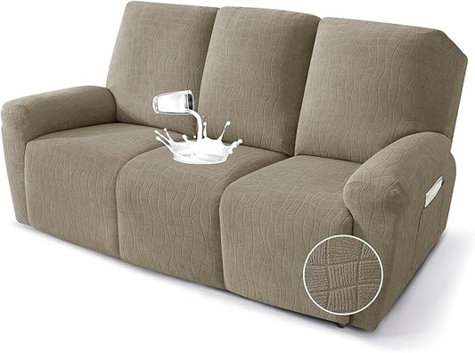 MAXIJIN Waterproof Recliner Couch Cover 5 Pieces Recliner Sofa Covers 3 Seater, Reclining Couch Furniture Protector with Elastic Straps & Pockets for Pet, Kids (Sofa Recliner, Khaki)
