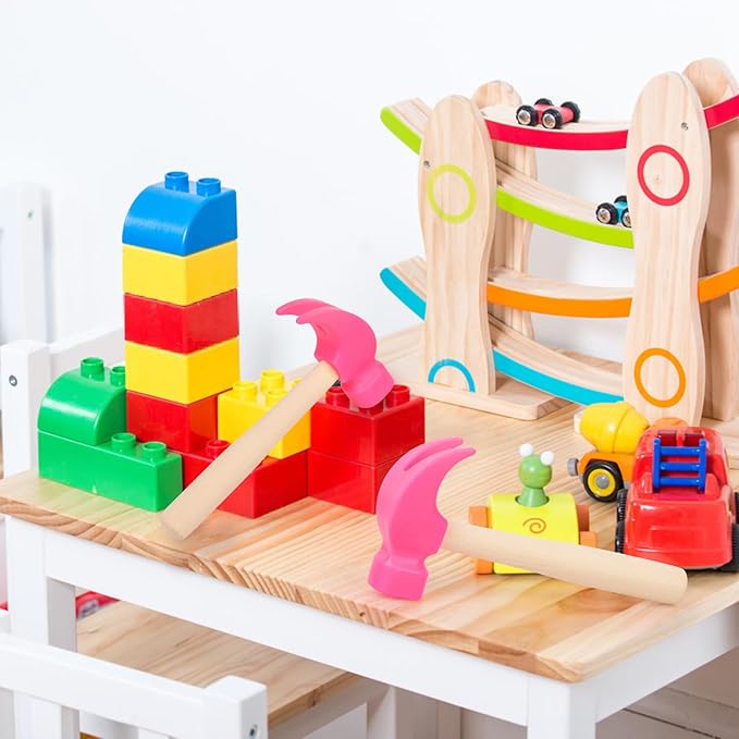 2 Pack Wooden Hammer Toys Simulation Hammers Maintenance Tools Educational Toys for Kids Birthday Party Games Supplies (Rose Red)