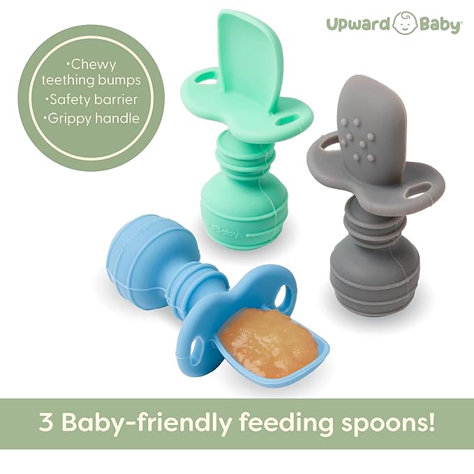 Upward Baby 3 pack Silicone Baby Feeding Spoon with Anti Choke Barrier - Baby Spoons Self Feeding 6 Months, First Stage Infant Supplies and Toddler Utensils, Baby Led Weaning Soft-Tip Training Spoon