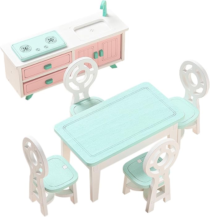 Wooden Dollhouse Furniture Set, Kitchen Dinning Room Set, Doll House Furniture of Table Chair, Birthday Gifts for Girls Boys (Dinning Room)