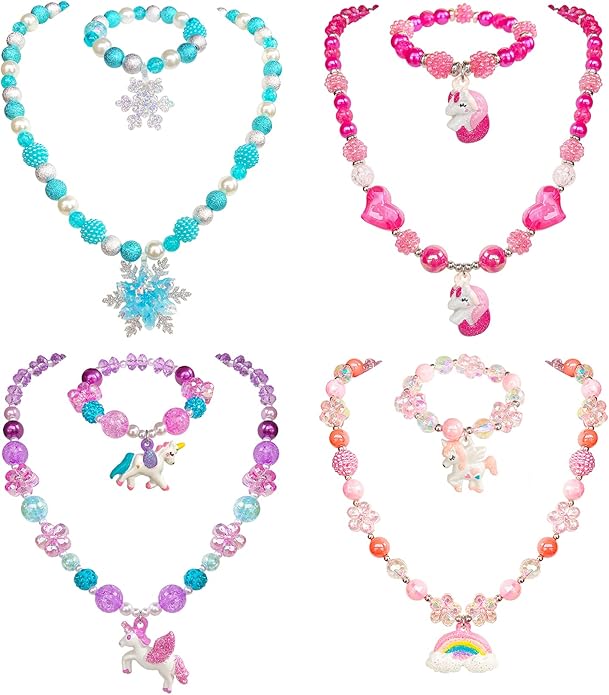 4 Sets Baby Girl Unicorn Necklace Bracelet Set Dress up Princess Pretend Play Necklace Bracelet Jewelry Gift for Toddlers Kids Jewelly Set in Gift Box