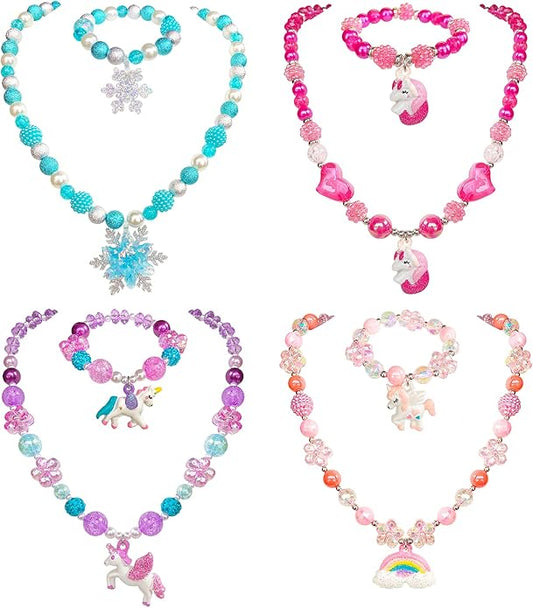 4 Sets Baby Girl Unicorn Necklace Bracelet Set Dress up Princess Pretend Play Necklace Bracelet Jewelry Gift for Toddlers Kids Jewelly Set in Gift Box