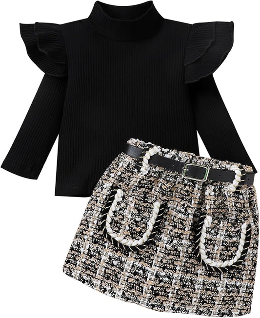 Fernvia Toddler Baby Girl Fall Winter Skirt Set Turtleneck Ribbed Long Sleeve T-Shirt Top & Plaid Skirts Dress 2Pcs Outfits