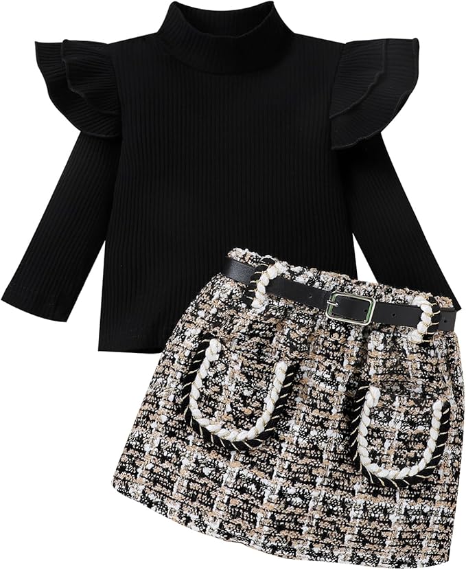 Fernvia Toddler Baby Girl Fall Winter Skirt Set Turtleneck Ribbed Long Sleeve T-Shirt Top & Plaid Skirts Dress 2Pcs Outfits