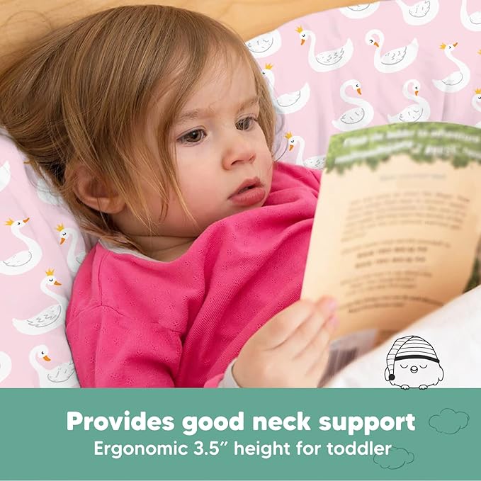 Toddler Pillow with Pillowcase - 13x18 My Little Dreamy Pillow, Organic Cotton Toddler Pillows for Sleeping, Kids Pillow, Travel Pillows, Mini Pillow, Nursery Pillow, Toddler Bed Pillow (Swan Lake)